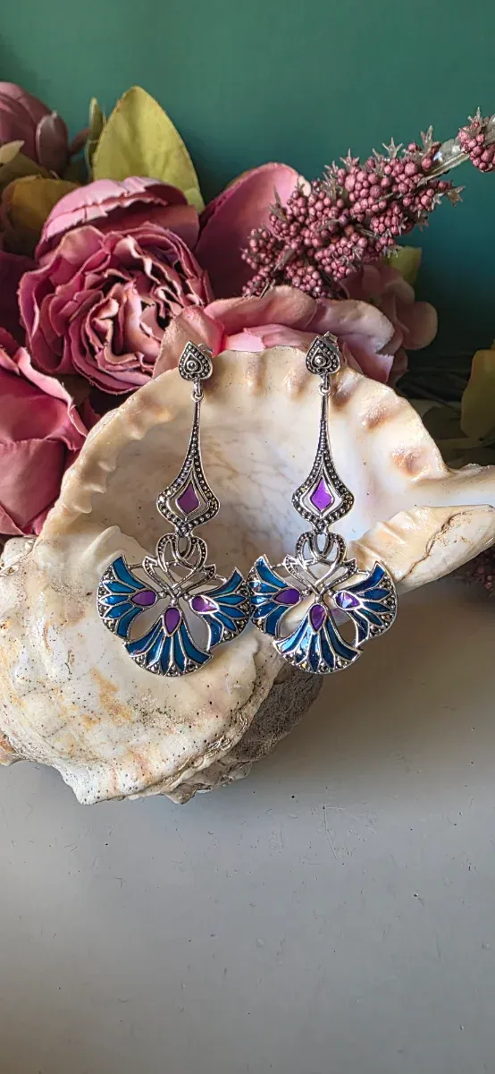 Pendientes Vintage Art Decó Azul y Morado