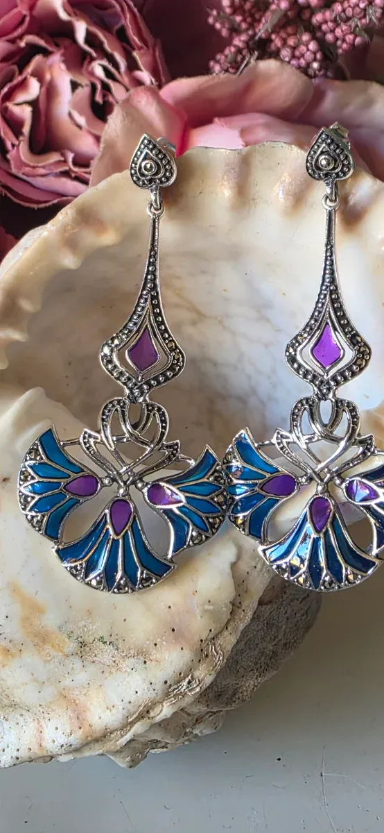 Pendientes Vintage Art Decó Azul y Morado
