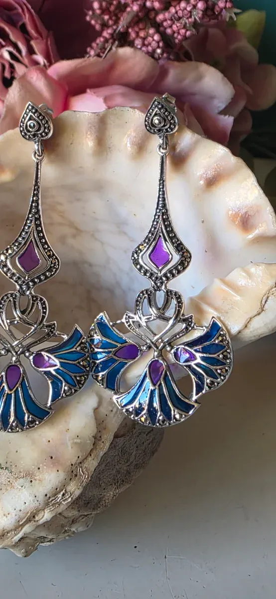Pendientes Vintage Art Decó Azul y Morado