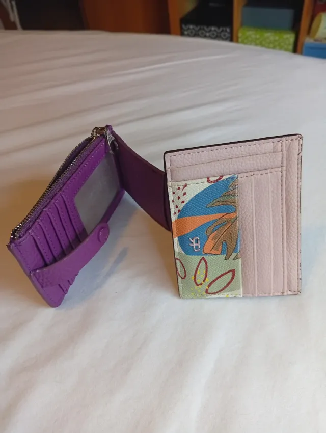 Cartera monedero plegable morado y rosa