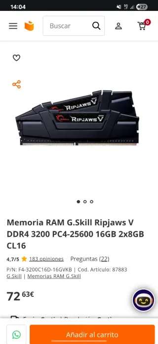 Memoria RAM DDR4 G.Skill RipJaws V 16GB