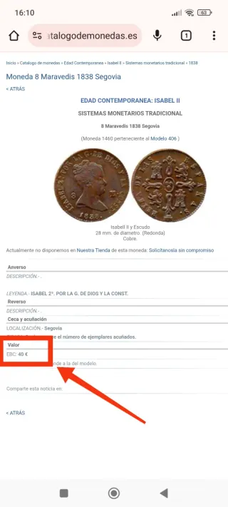 Moneda 8 Maravedíes 1838 España Ceca Segovia