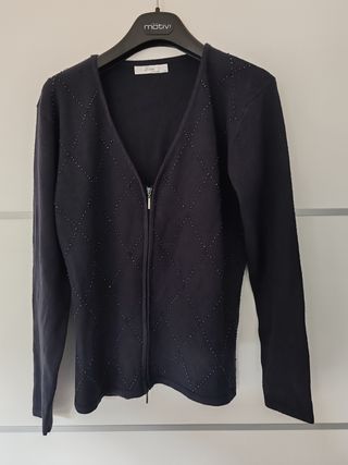 Cardigan lana blu scuro con zip e perline