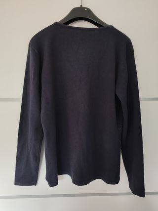 Cardigan lana blu scuro con zip e perline