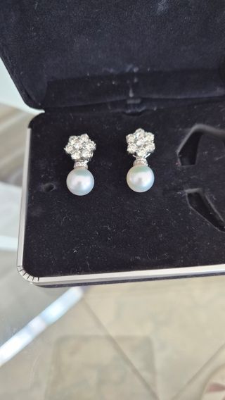 Pendientes Oro 18k Rosetón Diamantes Perlas