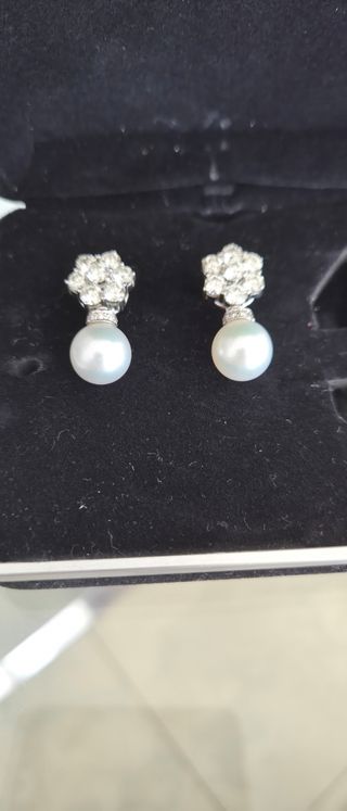 Pendientes Oro 18k Rosetón Diamantes Perlas