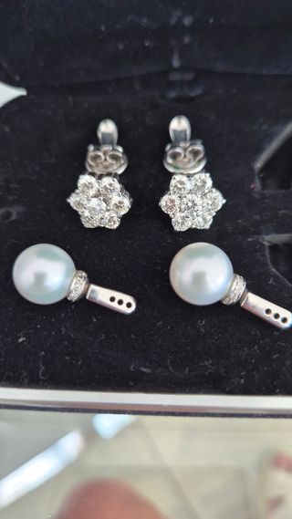 Pendientes Oro 18k Rosetón Diamantes Perlas