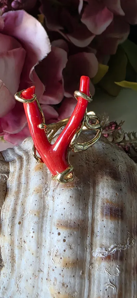 Anillo Auténtico Coral Rojo plata de ley 