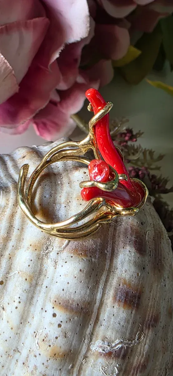 Anillo Auténtico Coral Rojo plata de ley 