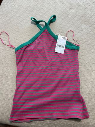 Top Mango Rayas Rosa y Verde Talla S