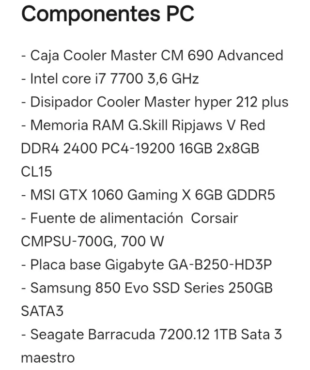 PC i7 7700 3,6 GHz-MSI GTX 1060 6GB DDR5-16GB RAM