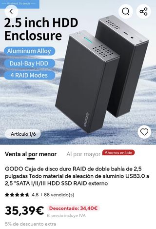 Caja Disco Duro GODO RAID Doble Bahía 2.5