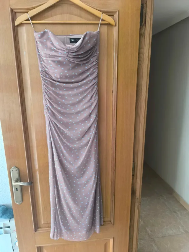 Vestido Zara Beige, salmón,Lunares