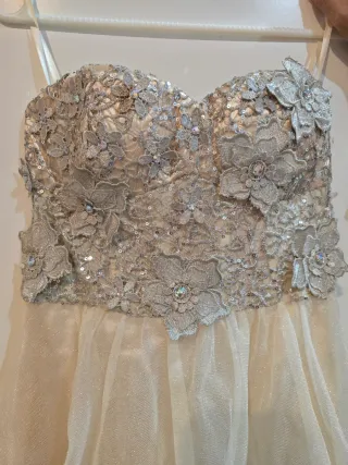 Vestido de fiesta de tul beige y plateado