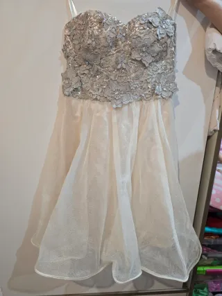 Vestido de fiesta de tul beige y plateado