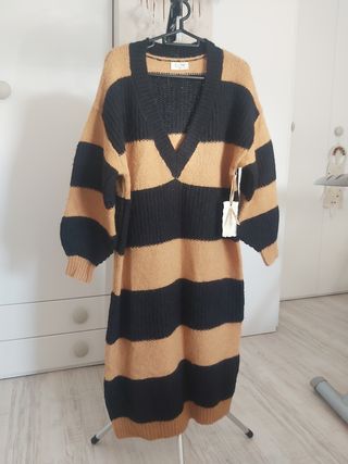 Vestido lana camel rayas negras Talla unica