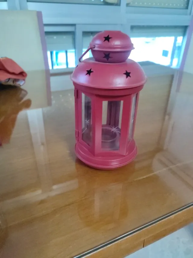 Farol porta velas pequeño rosa