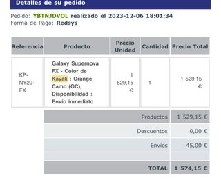 Kayak Galaxy Supernova FX Naranja + Remolque