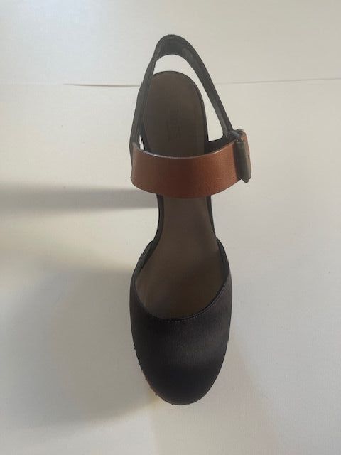 Cuñas Raso y Piel Negro/Marrón