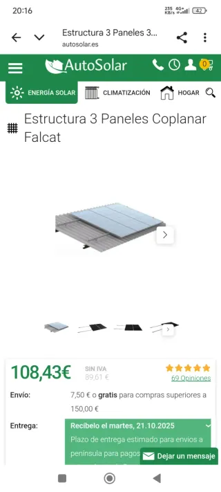 Estructura para 6 placas solares coplanar Falcat