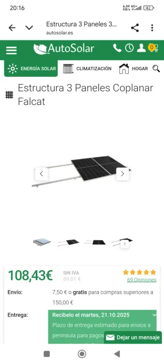 Estructura para 6 placas solares coplanar Falcat