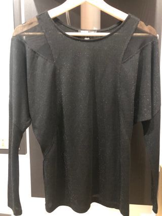 Blusa Mango Negra Brillante Malla Hombros