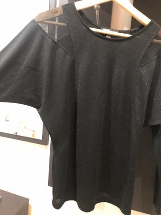 Blusa Mango Negra Brillante Malla Hombros