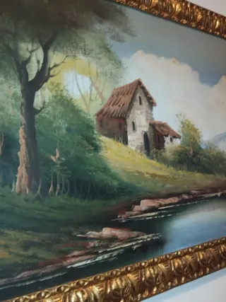 Cuadro paisaje con casa y montañas