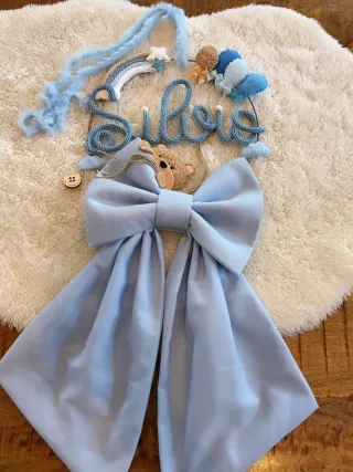 Fiocco nascita azzurro con orsetto e arcobaleno