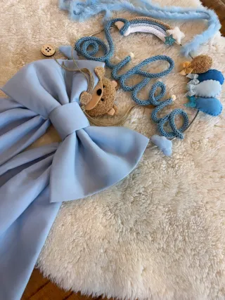 Fiocco nascita azzurro con orsetto e arcobaleno