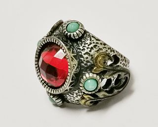 Anillo Maxi Vintage Étnico Rojo y Turquesa