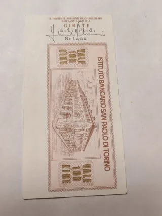 Miniassegno San Paolo di Torino 100 Lire