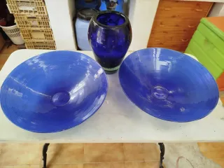 Juego de 2 cuencos y jarrón azul