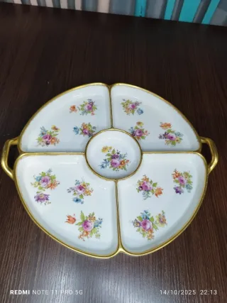 Bandeja LIMOGES Porcelana Vintage Flores Dorada