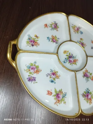 Bandeja LIMOGES Porcelana Vintage Flores Dorada