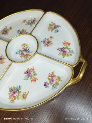 Bandeja LIMOGES Porcelana Vintage Flores Dorada