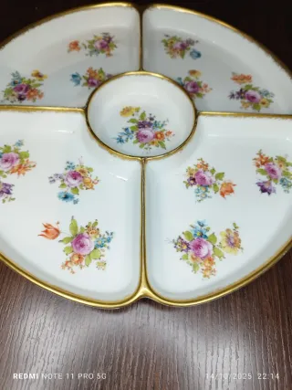 Bandeja LIMOGES Porcelana Vintage Flores Dorada