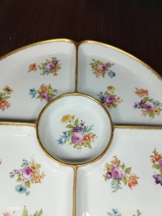 Bandeja LIMOGES Porcelana Vintage Flores Dorada