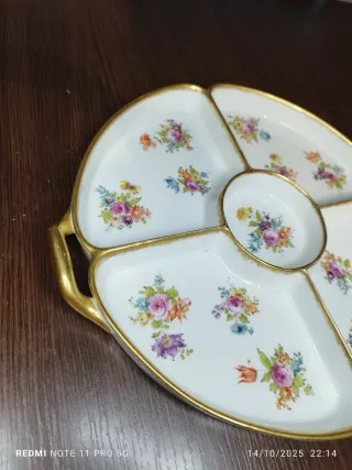 Bandeja LIMOGES Porcelana Vintage Flores Dorada