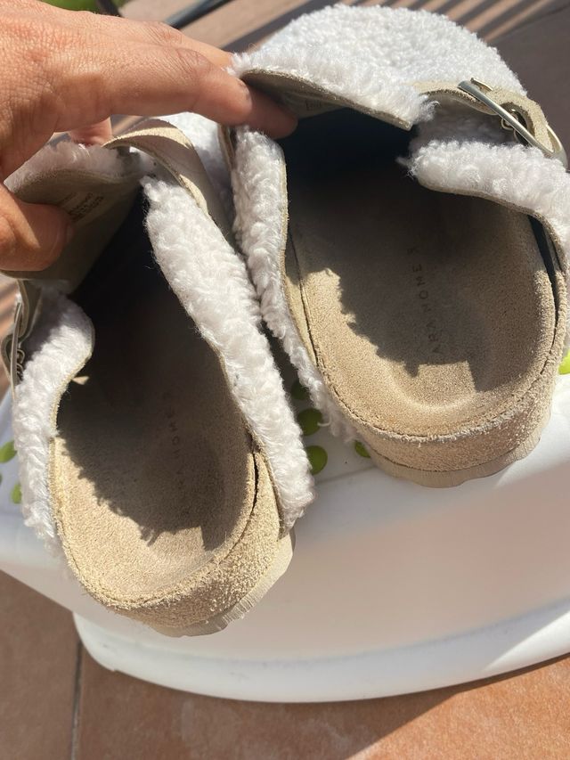 Zara Home Clogs Peluche Beige/Blanco Talla 38