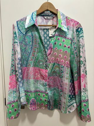 Blusa Zara Patchwork Estampada Talla XL