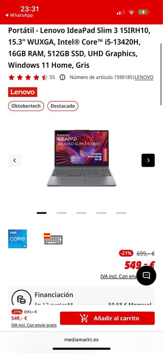 Portatil Lenovo IdeaPad Slim 3 i5, 16 RAM, 512 SSD