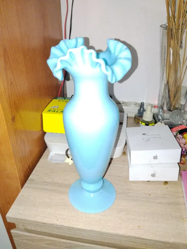 Jarrón Cristal Opalina Turquesa Vintage