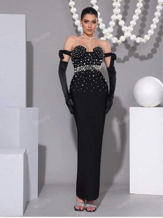 Vestido de fiesta negro con perlas