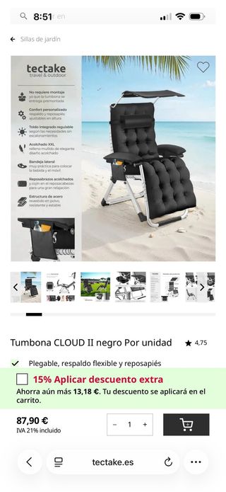 Tumbona Tectake Cloud II Negra