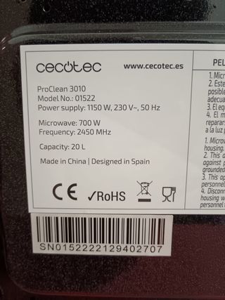 Microondas Cecotec ProClean 3010,  Como Nuevo.