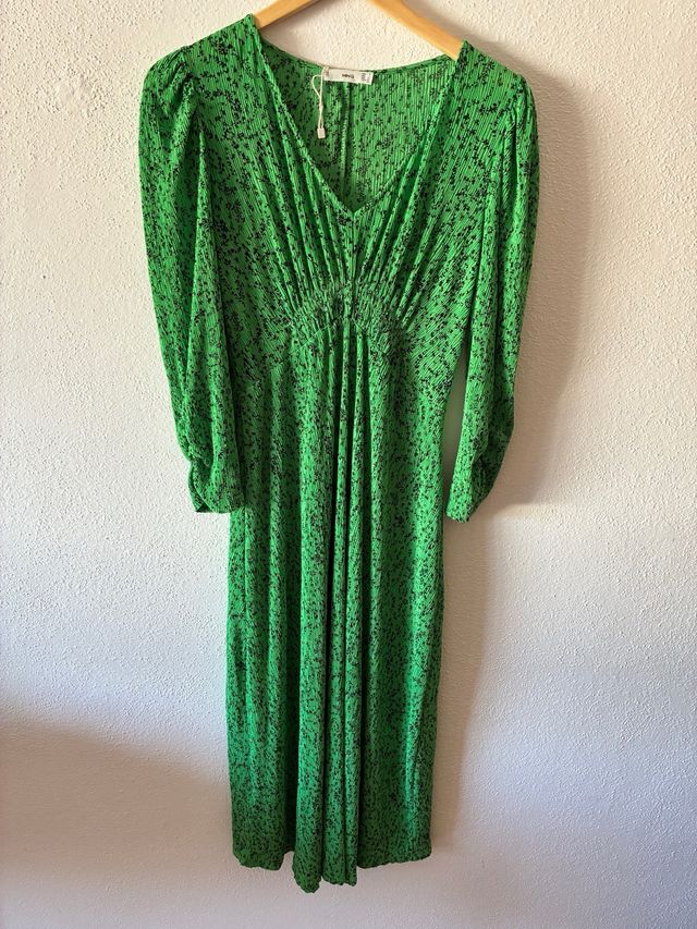 Vestido Mango Verde Estampado Negro