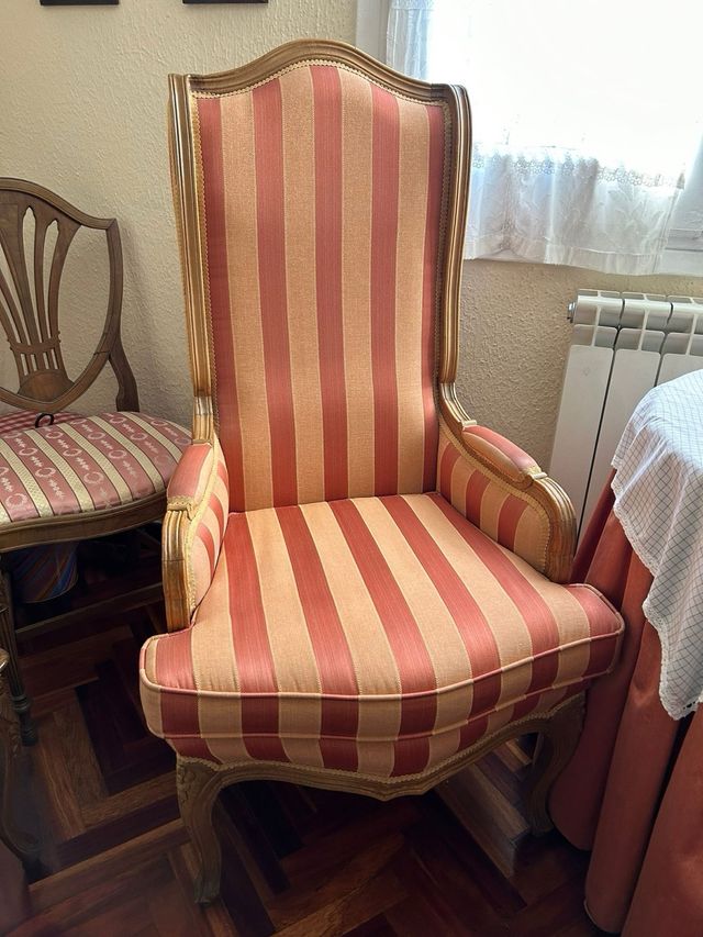 Sillón antiguo de madera y tela a rayas x2