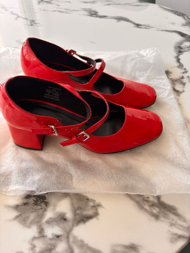 Zapatos Mary Jane Tacón Bajo Rojo /Negro Charol