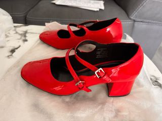 Zapatos Mary Jane Tacón Bajo Rojo /Negro Charol